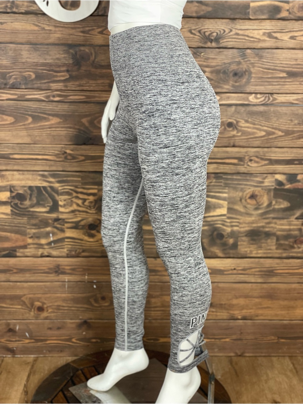 PINK VS Ultimate Seamless Marled Gray Ribbed High Waist Leggings Strappy Cutout